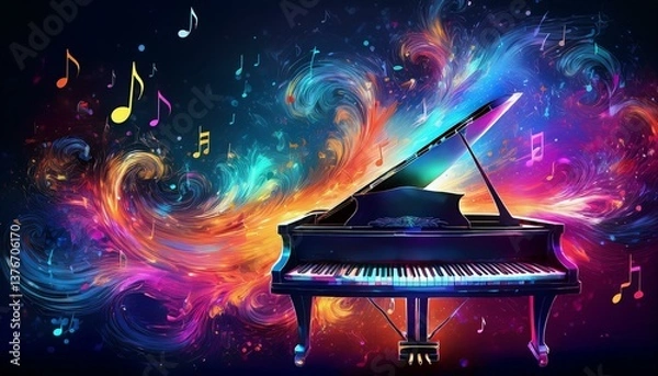 Obraz Piano is ready to play and waves of color fill space, its form against radiant glow that surrounds it. Symphony of light and sound. Concept of classical and modern music, entertainment, jazz. Ad. High