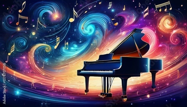 Obraz Piano is ready to play and waves of color fill space, its form against radiant glow that surrounds it. Symphony of light and sound. Concept of classical and modern music, entertainment, jazz. Ad. High