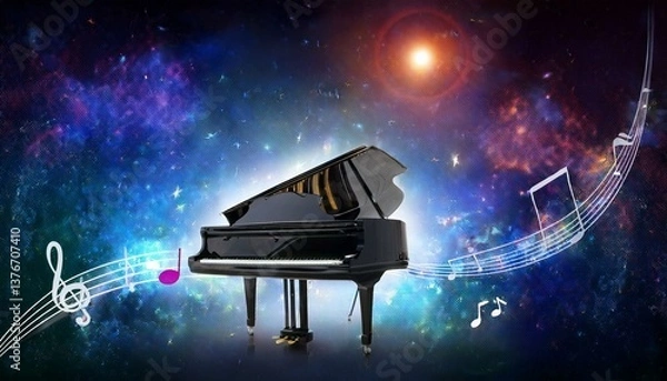 Obraz Piano is ready to play and waves of color fill space, its form against radiant glow that surrounds it. Symphony of light and sound. Concept of classical and modern music, entertainment, jazz. Ad. High