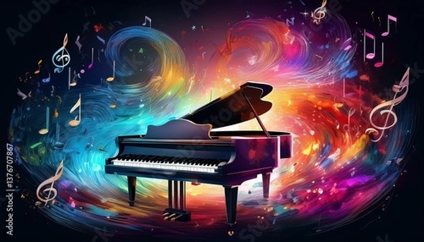 Obraz Piano is ready to play and waves of color fill space, its form against radiant glow that surrounds it. Symphony of light and sound. Concept of classical and modern music, entertainment, jazz. Ad. High