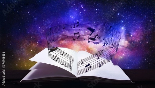Obraz sheet with notes is ready for play and waves of color fill space, its form against radiant glow that surrounds it. Symphony of light and sound. Concept of classical and modern music, entertainment