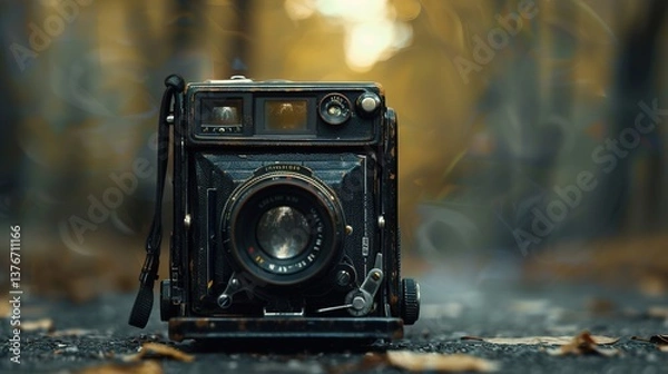 Fototapeta Vintage Retro Photo Camera on a Colorful Background, Creative Concept for Travel, Vacation, and Photography, Evoking Nostalgia and Adventure