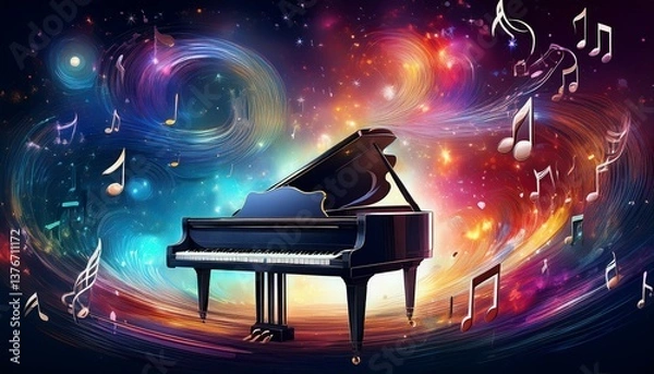 Obraz Piano is ready to play and waves of color fill space, its form against radiant glow that surrounds it. Symphony of light and sound. Concept of classical and modern music, entertainment, jazz. Ad. High