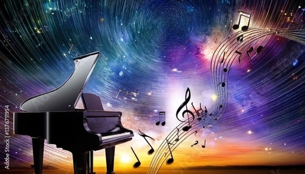 Obraz Piano is ready to play and waves of color fill space, its form against radiant glow that surrounds it. Symphony of light and sound. Concept of classical and modern music, entertainment, jazz. Ad. High