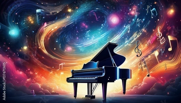 Obraz Piano is ready to play and waves of color fill space, its form against radiant glow that surrounds it. Symphony of light and sound. Concept of classical and modern music, entertainment, jazz. Ad. High