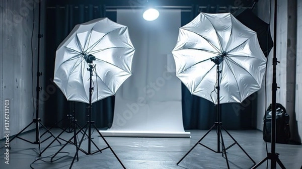 Fototapeta Photo Studio Setup Featuring Strobe Flash Lights with Umbrellas, Ready for a Professional Photoshoot, with Ample Copy Space for Creative Designs