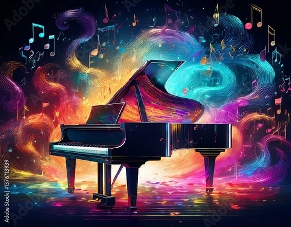 Obraz Piano is ready to play and waves of color fill space, its form against radiant glow that surrounds it. Symphony of light and sound. Concept of classical and modern music, entertainment, jazz. Ad. High