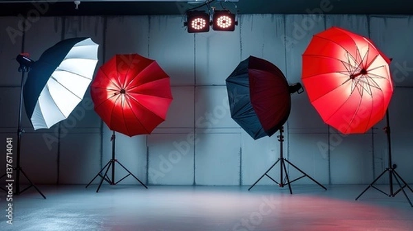 Fototapeta Photo Studio Setup Featuring Strobe Flash Lights with Umbrellas, Ready for a Professional Photoshoot, with Ample Copy Space for Creative Designs