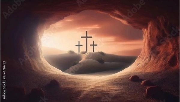 Obraz The concept of Easter Sunday, the cross of the crucifixion of Jesus Christ, the concept of the Christian faith. The tomb is empty with a cross in the background of the dawn Resurrection of Jesus
