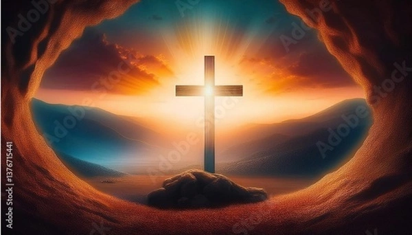 Obraz The concept of Easter Sunday, the cross of the crucifixion of Jesus Christ, the concept of the Christian faith. The tomb is empty with a cross in the background of the dawn Resurrection of Jesus