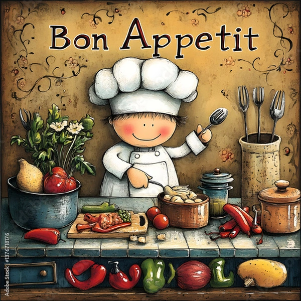 Obraz Bon Appétit – Cartoon Chef Preparing a Meal
