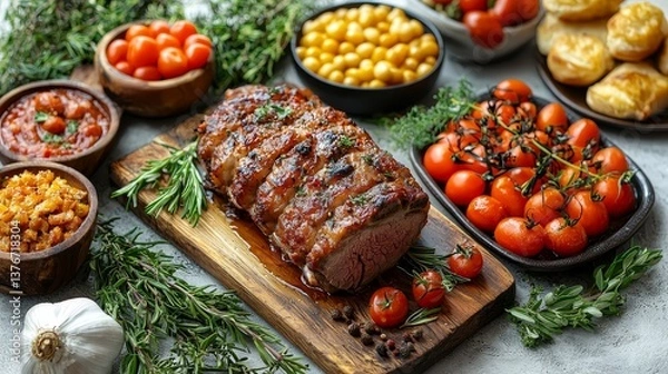 Fototapeta A beautifully arranged gourmet spread featuring succulent roasted meat accompanied by fresh vegetables and flavorful condiments