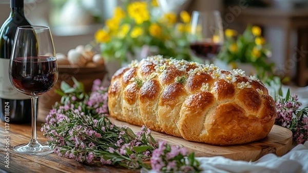 Fototapeta Freshly baked challah bread adorned with edible flowers and surrounded by wine and spring blooms, perfect for a festive gathering.