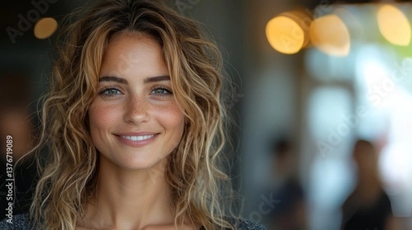 Fototapeta A bright, engaging portrait of a young woman with curly hair, glowing smile, and sparkling blue eyes in a softly blurred background
