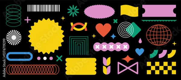 Fototapeta Playful geometric design set. Bright abstract shapes, retro Memphis style elements, wavy patterns, and funky brutalist graphics. Brutalism vibrant aesthetic