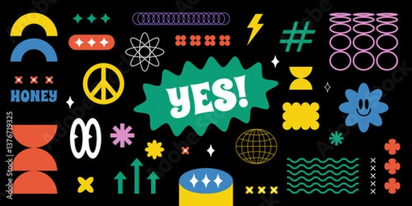 Fototapeta Colorful abstract geometric shapes set. Playful retro 90s Memphis design with circles, triangles, stars, wavy lines, and peace symbol. Brutalism aesthetic