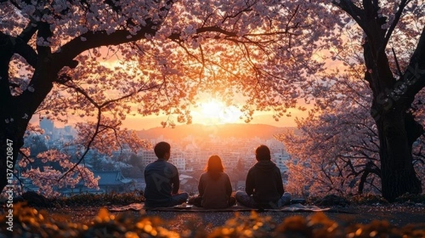Fototapeta Three friends enjoying a serene sunset view among cherry blossoms in a picturesque landscape