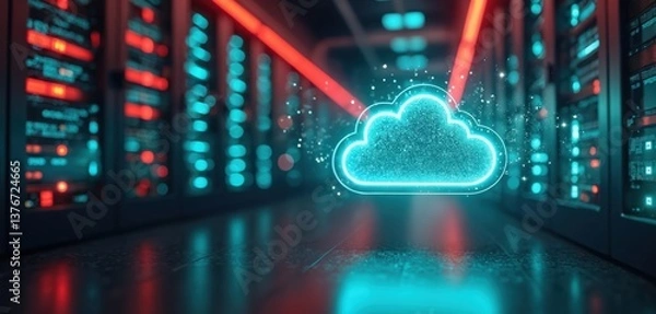 Fototapeta Illustration cloud data center concept shows data transfer and server migration. Cloud computing infrastructure, server room, digital transformation, business technology solutions.