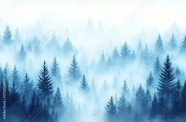 Fototapeta The illustration depicts a mystical blue forest with fir or pine trees obscured by mist, set against a white background, perfect for Christmas designs in winter
