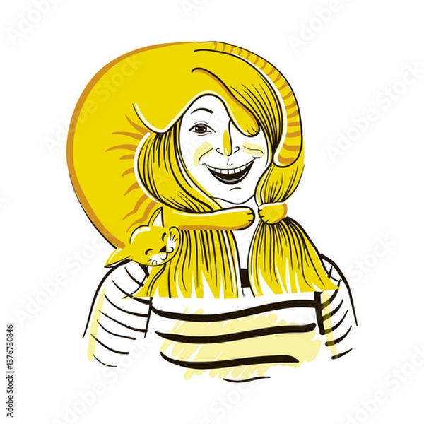 Fototapeta Red-haired girl with a red cat on her head, the girl laughs, her hair merges with the cat. The cat hugs the girl's neck and covers her eye with his paw. The vector illustration