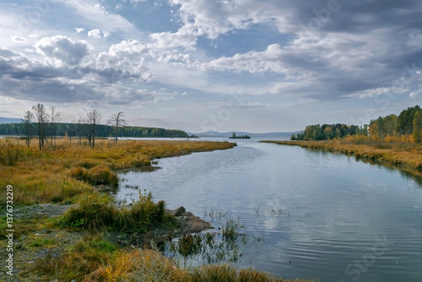 Fototapeta Autumn landscape - forest river and yellowed autumn trees on an autumn evening, autumn landscape scene on a sunny evening.