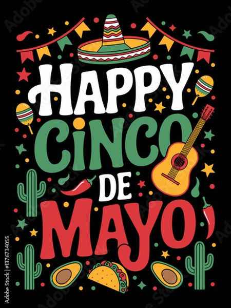 Obraz Festive elements like sombreros, maracas, cacti, and guitars surround the vibrant Happy Cinco de Mayo