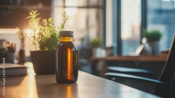 Fototapeta Elegant cold brew coffee bottle on a startup desk, plants and light background