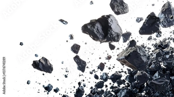 Fototapeta Swarm of Asteroids Isolated on a White Background, Displaying Their Irregular Shapes and Textures for a Bold and Dynamic Space Illustration