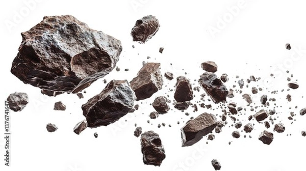 Fototapeta Swarm of Asteroids Isolated on a White Background, Displaying Their Irregular Shapes and Textures for a Bold and Dynamic Space Illustration