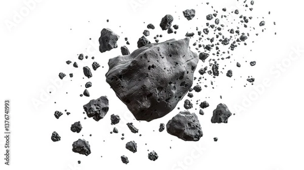 Fototapeta Swarm of Asteroids Isolated on a White Background, Displaying Their Irregular Shapes and Textures for a Bold and Dynamic Space Illustration