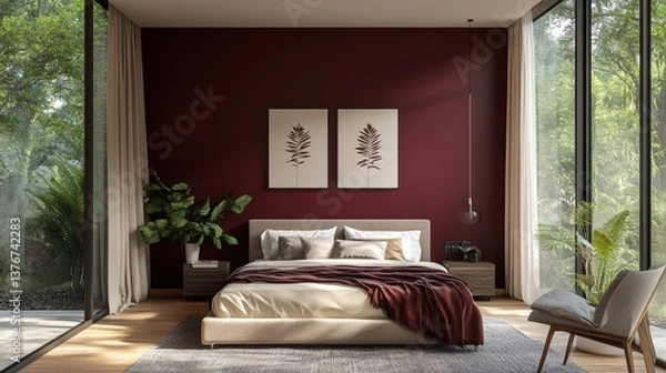 Obraz interior design, contemporary burgundy feature wall in a simple bedroom with muted bedding and ample natural light from a big window