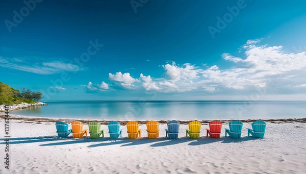 Obraz Generated image A beach with a row of colorful chairs on the water's edge