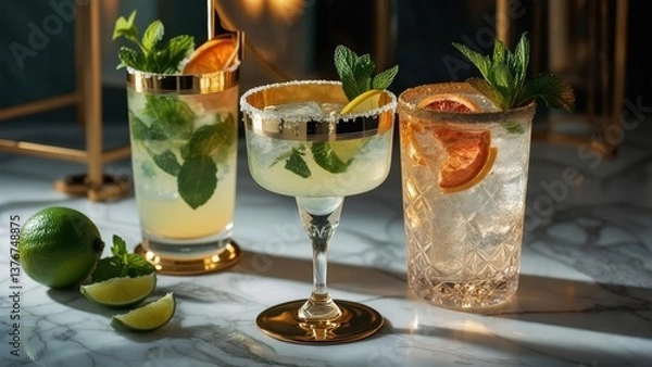 Obraz Cocktails served in elegant glasses on a marble table at a stylish bar setting