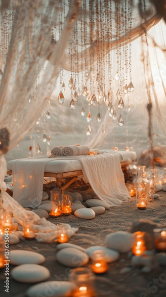 Obraz An Enchanting Bohemian Outdoor Spa Experience: A Serene Retreat Bathed in Soft Light, Featuring Crystal Chimes and Warm Candlelight