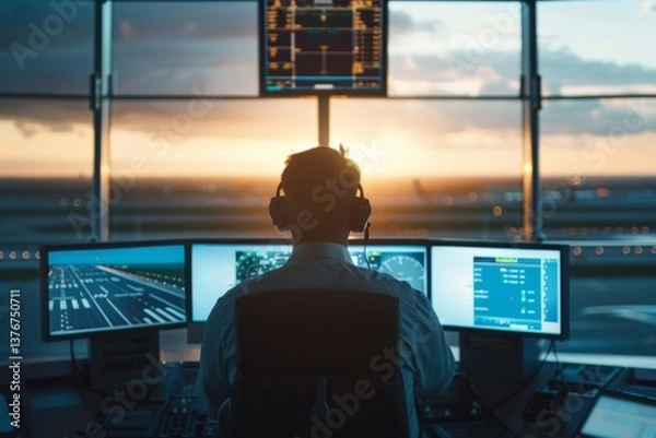 Fototapeta Rear view of a air traffic controller at his post in the control tower working on his screen
