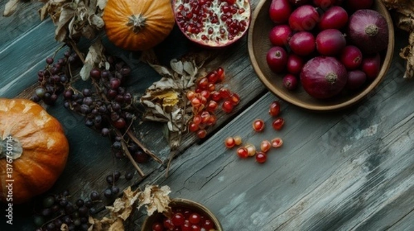 Fototapeta Autumn harvest flat lay with pumpkins, apples and berries