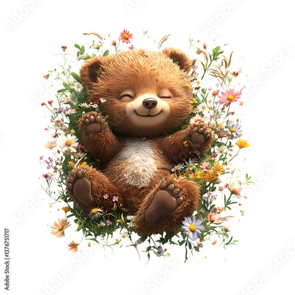 Fototapeta A Fluffy 3D Cartoon Bear Cub Rolling Around in a Field Isolated on Transparent Background