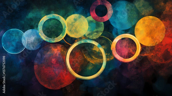 Fototapeta A stylized, interconnected network of colorful circles forms a cohesive whole, symbolizing unity, togetherness, and support within a vibrant and diverse community. Nightforged Sigils. Illustration