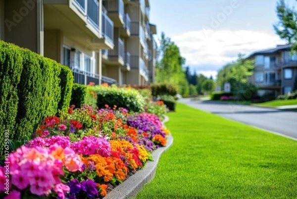 Fototapeta an apartment complex with green lawns and colorful flowers on the sidewalk, and large balconies for each unit The building is surrounded by hedges to create private outdoor spaces Generative AI