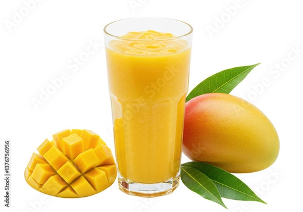 Fototapeta A Vibrant Glass of Mango Juice with Fresh Slices and Cubes
