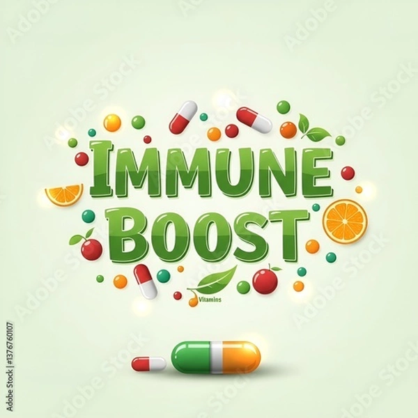 Obraz Immune boost text with vitamins and capsules on light green background