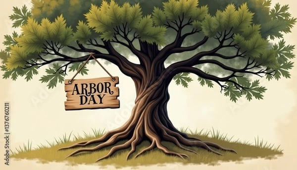 Fototapeta Poster-style illustration, majestic oak tree with roots spreading out, wooden sign hanging from branch with text "ARBOR DAY". Planting trees for future, planet preservation. Earth protection