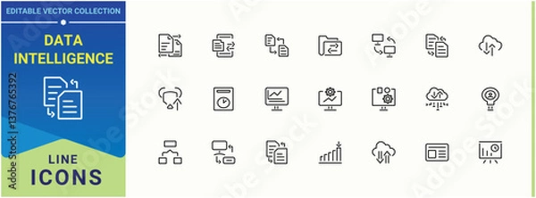Fototapeta Data Intelligence vector icon set. Containing data, database, computing, management, analysis, research and more. Data Analytics line icon. Minimalist vector collections. Editable vector.