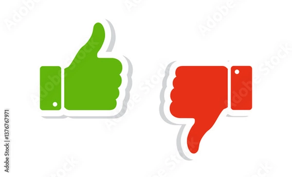 Obraz Thumbs up and thumbs down icon set. Like and dislike symbols in green and red colors. Rating and feedback. Do and Don't icons. Vector stickers.