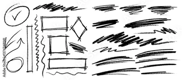 Fototapeta Hand drawn chalk brush set. Grunge frames, squares, rectangles, arrows, and scribbled lines for sketch design. Abstract chalk and crayon pencil style. Vector illustration.