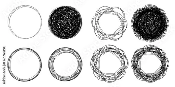 Obraz Set of hand drawn circles using sketch drawing scribble circle lines. Doodle circular logo design elements. Vector hand drawn frames.