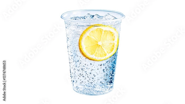 Fototapeta Refreshing sparkling water with lemon slice in plastic cup on transparent background