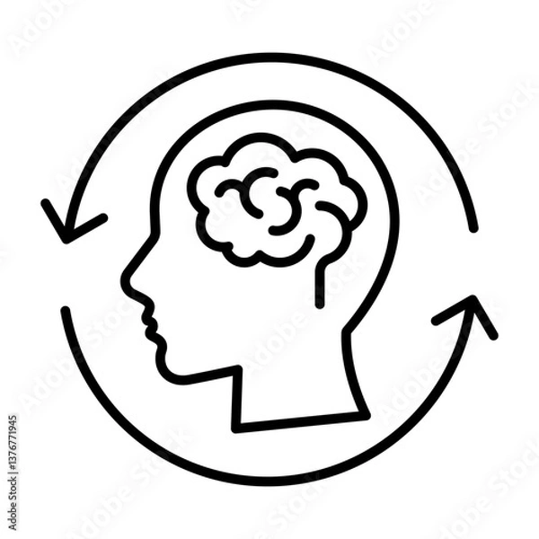 Fototapeta Human head with reload arrows. Reboot thinking outline icon. Mind refresh isolated vector illustration. Mental treatment, wellness