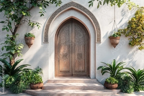Fototapeta Intricately designed wooden door framed by lush green plants and elegant archway, set against a white wall.