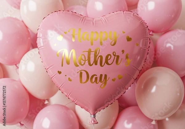 Obraz A cheerful, festive scene with a pink heart-shaped balloon floating against a lively, colorful background. The balloon features 'Happy Mother’s Day' in elegant gold cursive, while pastel balloons fill